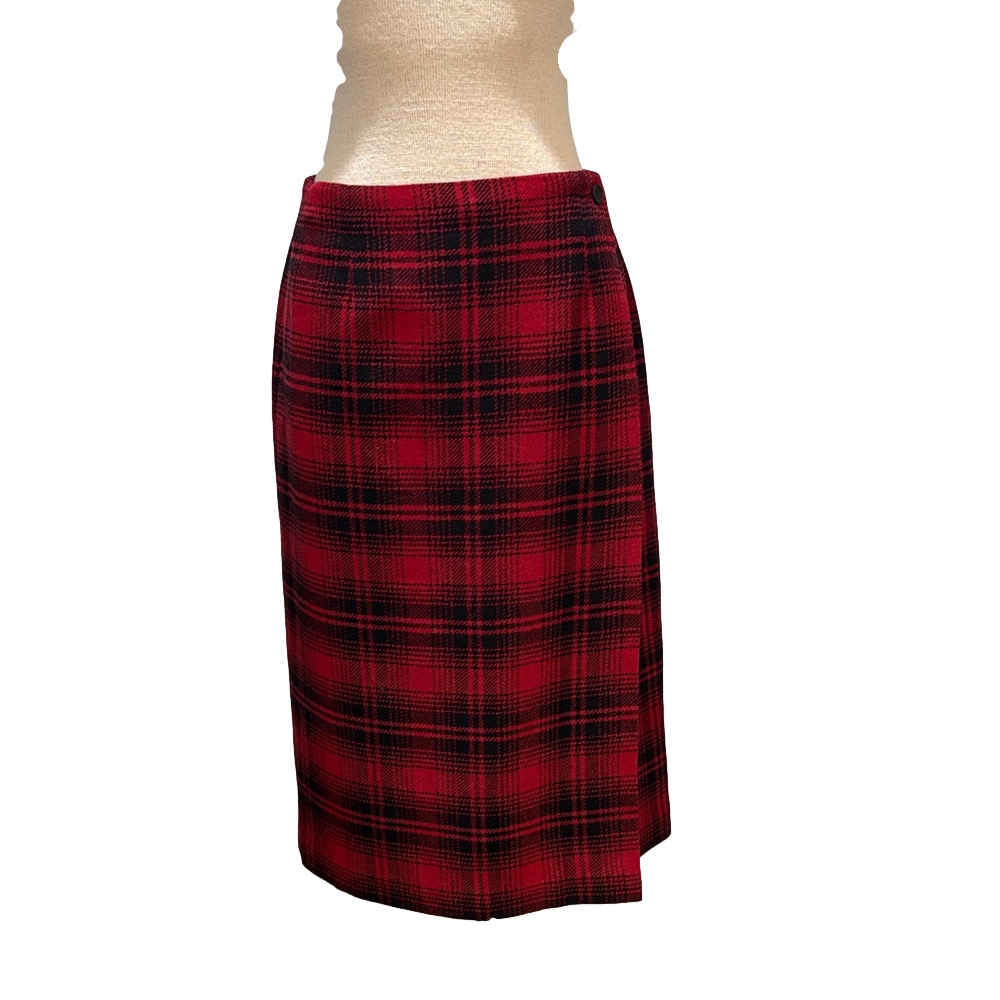 Talbots sz 12 vintage 100% wool black and red plaid wrap skirt